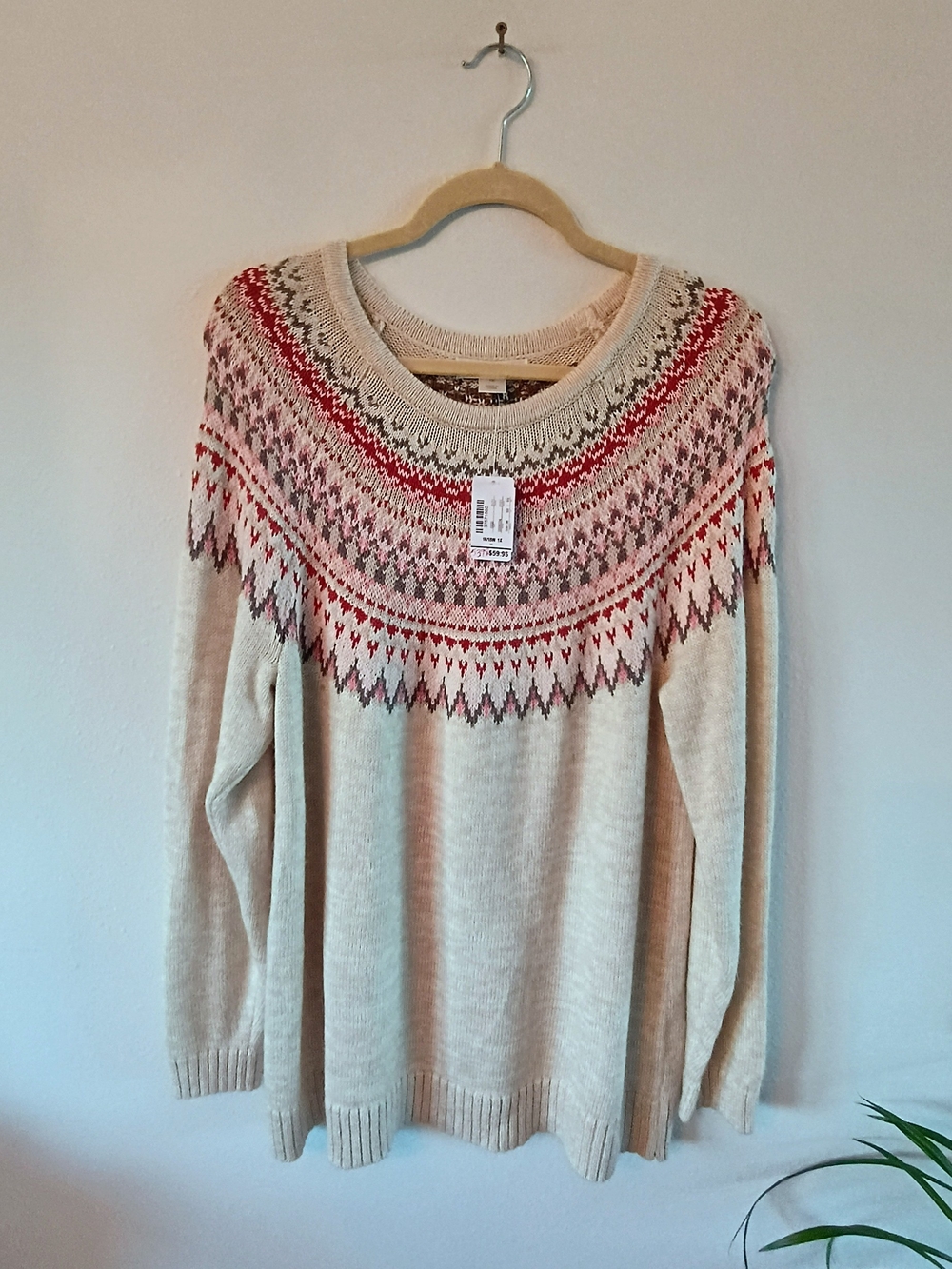 C.J. Banks Fair Isle Nordic Sweater Cream Red Pink Cotton Blend NWT 1X 16/18W